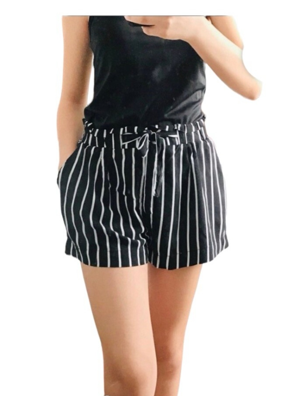 Ambiance Black & White Vertical-Stripe Paperbag Waist Shorts